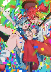 2girls :d alternate_costume ankle_socks arm_up black_choker black_necktie blue_background blue_eyes blue_hair blush bow buttons choker cloud_print collared_shirt confetti diagonal-striped_bow dress drill_hair falling feet_out_of_frame floating_hair green_background grey_socks hair_between_eyes hashtag-only_commentary hat hat_bow hatsune_miku highres kasane_teto looking_at_viewer mesmerizer_(vocaloid) multiple_girls necktie noki_20 open_mouth outstretched_arm pants pinstripe_dress pinstripe_hat pinstripe_pattern pointing pointing_at_viewer puffy_short_sleeves puffy_sleeves red_bow red_hat red_pants shirt short_sleeves smile socks striped_clothes striped_shirt striped_socks teeth twin_drills twintails two-tone_bow upper_teeth_only utau visor_cap vocaloid white_bow white_socks white_wrist_cuffs wing_collar wrist_cuffs