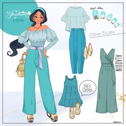1girl aladdin_(movie) bare_shoulders belt black_hair black_sandals brown_eyes dark-skinned_female dark_skin dress earrings jasmine_(disney) jewelry long_hair looking_at_viewer meecosme modern off_shoulder pants sandals sash shirt shoes smile solo very_long_hair