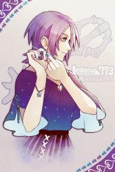 1girl alternate_costume aqua_(kingdom_hearts) artist_name blue_eyes blue_hair blue_nails blue_shirt bracelet earrings grey_background hair_between_eyes jewelry kingdom_hearts lace-up_sleeves lesuna looking_to_the_side medium_hair nail_polish profile purple_skirt putting_on_earrings putting_on_jewelry shirt skirt smile solo twitter_username upper_body wide_sleeves