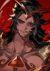 1boy absurdres b4ryongji black_hair burning_spice_cookie colored_skin cookie_run evil_grin evil_smile grin highres long_hair male_focus red_eyes red_skin sharp_teeth slit_pupils smile solo teeth