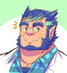 1boy bara beard blue_hair body_fur chest_hair_peek collared_shirt crave_saga facial_hair full_beard glasses green_eyes green_hair highres huge_eyebrows kazuo_tashishi looking_at_viewer male_focus mature_male monster_boy multicolored_hair notice_lines pectoral_cleavage pectorals phil_(crave_saga) pointy_ears portrait round_eyewear sanpaku shirt short_hair solo streaked_hair thick_beard thick_neck tusks wrinkled_skin