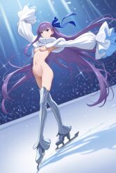 bottomless breasts fate/grand_order fate_(series) highres, meltryllis meltryllis_(fate) meltryllis_(swimsuit_lancer)_(fate) navel nipples no_panties no_pants purple_hair pussy pussy, shiny_skin small_breasts water