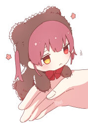 Rule 34 | 1girl, a-ka, animal costume, bear costume, chibi, hand focus, heterochromia, hololive, houshou kumarine, houshou marine, long hair, mini person, red eyes, red hair, simple background, solo focus, twintails, virtual youtuber, white background, yellow eyes