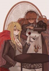 apron black_coat bleeding blonde_hair blood blood_in_cup bloody_weapon bow breasts brown_hairband closed_mouth coat collared_shirt colored_eyelashes commentary cup don_quixote_(project_moon) dress drinking_glass english_commentary feather_boa freckles frills gloves gold_trim green_eyes hair_bow hairband highres holding holding_cup holding_knife ishmael_(project_moon) jacket juliet_sleeves knife la_manchaland_(identity)_(project_moon) large_breasts limbus_company long_hair long_sleeves maid maid_apron maid_headdress mircalladesire multiple_girls orange_hair project_moon puffy_sleeves red_eyes sancho_(project_moon) shirt single_glove sitting slit_pupils table very_long_hair weapon white_apron white_background white_bow white_gloves white_shirt wine_glass wuthering_heights_(identity)_(project_moon)