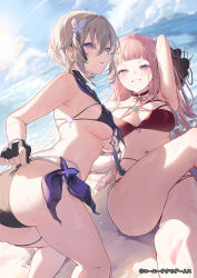 Rule 34 | 2girls, artist request, atelier (series), atelier resleriana, beach, bikini, breasts, character request, criselda (atelier), fingerless gloves, gloves, hair ornament, highres, long hair, multiple girls, navel, ocean, pink hair, purple eyes, short hair, smile, string bikini, swimsuit