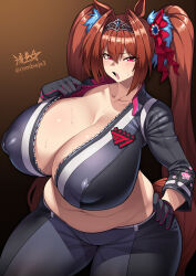 1girl alternate_costume animal_ears artist_name belly black_background black_gloves black_jacket black_pants breasts brown_background brown_hair cherry_blossom_print cleavage collar_tug collarbone commentary cosplay covered_erect_nipples cowboy_shot crop_top cropped_jacket daiwa_scarlet_(umamusume) english_commentary fang fatal_fury fatal_fury:_city_of_the_wolves floral_print gloves gradient_background hair_between_eyes hair_intakes hair_ornament hair_ribbon hand_on_own_hip highres horse_ears horse_girl horse_tail huge_breasts jacket long_hair long_sleeves looking_at_viewer muffin_top navel no_bra no_shirt open_collar open_mouth pants partially_unzipped plump red_eyes red_ribbon ribbon ryuusei_(mark_ii) shiranui_mai shiranui_mai_(cosplay) skin_fang solo standing stomach sweat tail thighs tiara twintails twitter_username umamusume very_long_hair wide_hips