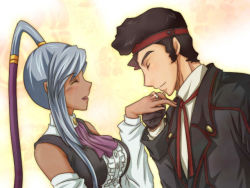 1boy 1girl black_hair closed_eyes code_geass couple dark_skin detached_sleeves gloves headband jewelry long_hair military military_uniform ohgi_kaname ponytail ring short_hair silver_hair uzura_(suzukane) villetta_nu