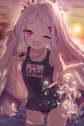 1girl blue_archive blue_one-piece_swimsuit commentary_request demon_girl demon_horns demon_wings grey_hair highres hina_(blue_archive) hina_(swimsuit)_(blue_archive) horns long_hair looking_at_viewer mikumiku37 official_alternate_costume official_alternate_hairstyle one-piece_swimsuit parted_bangs purple_eyes reaching reaching_towards_viewer side_ponytail solo swimsuit whistle whistle_around_neck wings
