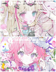 2girls absurdres blonde_hair blue_eyes bow collar commentary_request flower food hair_ornament heart heterochromia highres holding long_hair long_sleeves looking_at_viewer multicolored_hair multiple_girls nail_polish original pink_eyes pink_hair pink_nails purple_eyes shi_mita spiked_collar spikes