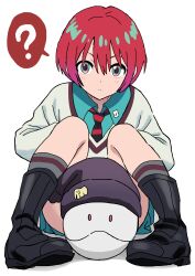 1girl ? absurdres amate_yuzuriha aqua_eyes aqua_shirt aqua_skirt beanie between_legs black_shoes bob_cut boots closed_mouth collared_shirt commentary grey_socks gundam gundam_gquuuuuux hair_between_eyes haro hat highres long_sleeves looking_at_viewer miniskirt necktie pleated_skirt red_hair riokasen shirt shoes short_hair simple_background sitting skirt socks solo speech_bubble spoken_question_mark straight_hair striped_necktie sweater white_background white_sweater wing_collar
