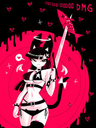 Rule 34 | 1girl, ahoge, andaerz, animal ears, bare shoulders, belt, bikini, black bikini, black choker, black hair, blunt bangs, bracelet, breasts, cat ears, cat girl, cat girl (andaerz), cat tail, choker, closed mouth, collar, cowboy shot, detached wings, eyelashes, fish, hair ornament, hairclip, halo, heart, heart hair ornament, highres, holding, holding sword, holding weapon, jewelry, limited palette, long hair, looking at viewer, medium breasts, narrowed eyes, navel, no nose, original, red eyes, ribbon, smile, solo, speech bubble, spiked bracelet, spikes, star (symbol), star print, star print bikini, striped bikini, striped clothes, swimsuit, sword, tail, thigh bow, thighhighs, underboob, weapon, wings