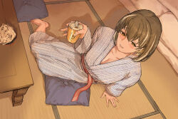 1girl alternate_costume arknights barefoot bath_yukata black_hair blush breasts can cleavage commentary_request cushion earrings futon hair_between_eyes holding holding_can indoors japanese_clothes jewelry kimono long_sleeves looking_at_viewer magallan_(arknights) multicolored_hair naixorth short_hair solo streaked_hair table tatami white_hair yellow_eyes yukata