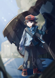 1boy belt blue_bag blue_jacket brown_eyes brown_hair clenched_hand gen_5_pokemon grey_pants highres hilbert_(pokemon) jacket legendary_pokemon light_rays long_sleeves male_focus meru_(merumumu) nintendo pants pocket poke_ball_print pokemon pokemon_bw red_footwear shadow short_hair solo_focus zekrom zipper_pull_tab