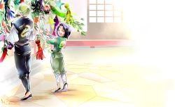 2boys aged_down animification bandages black_hair blonde_hair bodysuit child closed_eyes gloves japanese_clothes morro multicolored_hair multiple_boys ninjago short_hair smile streaked_hair tanabata the_lego_group wu_(ninjago)