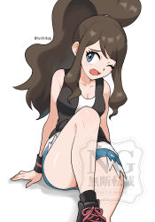 1girl absurdres arm_support black_boots black_socks black_vest blue_eyes blue_shorts boots breasts brown_hair cleavage commentary_request exposed_pocket eyelashes high_ponytail highres hilda_(pokemon) looking_to_the_side nintendo no_headwear open_clothes open_mouth open_vest pokemon pokemon_bw ponytail rurihikop shirt shorts sidelocks sitting sleeveless sleeveless_shirt socks solo tongue vest watermark white_shirt wristband