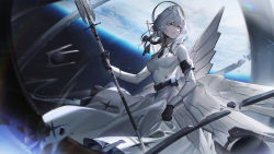 Rule 34 | 1girl, absurdres, armband, armor, armored dress, belt, belt pouch, black gloves, breasts, dress, faulds, garrison cap, gloves, grey eyes, hat, highres, holding, holding staff, liv: empyrea (pgr), liv (pgr), long sleeves, looking away, looking to the side, medium breasts, parted lips, plant, pouch, punishing: gray raven, silver hair, solo, space, staff, star (sky), white dress, white hat, xtears kitsune
