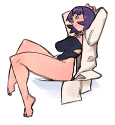 1girl arms_behind_head arms_up barefoot black_one-piece_swimsuit breasts coat full_body half-closed_eyes highres invisible_chair karu_184 lab_coat large_breasts long_sleeves nintendo one-piece_swimsuit philena_ivy pokemon pokemon_(anime) pokemon_(classic_anime) purple_hair short_hair sitting solo swimsuit white_coat