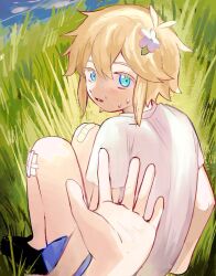 Rule 34 | 2boys, antenna hair, arm support, bandaid, bandaid on knee, bandaid on leg, basil (faraway) (omori), basil (omori), black shoes, blonde hair, blue eyes, blue shorts, blue sky, cloud, colored eyelashes, commentary, double-parted bangs, english commentary, flower, full body, gauze, gauze on knee, grass, hair between eyes, hair flaps, hair flower, hair ornament, knees up, leaf, looking at viewer, looking back, lower teeth only, male focus, momi omori, multiple boys, omori, on grass, open mouth, outdoors, pink flower, pov, pov hands, shirt, shoes, short hair, short sleeves, shorts, sidelocks, sitting, sky, solo focus, sunny (omori), sweat, t-shirt, teeth, tongue, white shirt