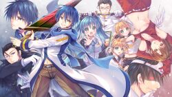 3girls 6+boys absurdres anniversary aqua_eyes aqua_hair armpits black_hair black_sailor_collar blonde_hair blue_eyes blue_hair blue_scarf blush breasts brown_hair brown_pants clenched_teeth coat commentary_request crowbar elbow_gloves gloves grey_hair hatsune_miku headset highres hikyou_sentai_urotander_(vocaloid) holding holding_crowbar holding_sword holding_weapon kagamine_len kagamine_rin kaito_(vocaloid) looking_at_viewer meiko_(vocaloid) monocle multiple_boys multiple_girls navel neckerchief necktie open_mouth pants purple_eyes red_gloves red_skirt sailor_collar scarf shaded_face shirt skirt spiked_hair sword teeth vocaloid weapon white_coat white_shirt wings yellow_neckerchief yellow_necktie yorarry