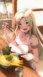 1girl absurdres blush breasts chopsticks egg food from_above happy highres holding holding_chopsticks housou-kun indoors large_breasts long_hair looking_at_viewer meat noodles open_mouth original pork ramen restaurant self-upload sitting smile solo soup white_hair