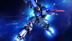 3d aeug beam_cannon commentary_request energy english_text glowing gundam gundam_zz highres machinery mecha mecha_focus milky_way mobile_suit no_humans realistic robot s.hasegawa science_fiction signature space star_(sky) thrusters vernier_thrusters zero_gravity zz_gundam