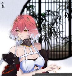 1girl bare_shoulders black_jacket braid breasts brisa changli_(wuthering_waves) cleavage closed_mouth dress earrings hair_ornament highres jacket jewelry large_breasts multicolored_hair pink_hair red_hair smile solo twin_braids white_dress white_hair window wuthering_waves yellow_eyes