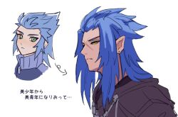 Rule 34 | black coat (kingdom hearts), blue hair, closed mouth, commentary request, cross scar, earrings, green eyes, isa (kingdom hearts), jewelry, kingdom hearts, light frown, long hair, looking at viewer, male focus, orange eyes, pointy ears, portrait, saix, scar, scar on face, slit pupils, spiked hair, squidkid528, translation request, white background