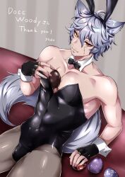 Rule 34 | absurdres, animal ears, bow, bowtie, chocolate, chocolate egg, chocolate on body, collar, commission, covered navel, docc woody, easter, easter egg, egg, fake animal ears, food, food on body, heterochromia, highres, indie virtual youtuber, leotard, looking at viewer, male focus, pantyhose, partially unwrapped candy, playboy bunny, rabbit ears, scar, skeb commission, smile, stitched face, stitches, strapless, tail, tentaclejob, thank you, virtual youtuber, wrist cuffs, yadome810