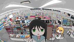 3girls absurdres ahoge black_hair blue_sailor_collar book book_shop bookshelf bookstore brown_hair ceiling_light emesan_desu empty_eyes fisheye green_eyes green_neckerchief grey_skirt hair_between_eyes hair_ornament highres holding indoors loaded_interior long_hair long_sleeves looking_at_viewer magazine_(object) multiple_girls neckerchief open_mouth orange_hair original pleated_skirt red_eyes sailor_collar sailor_shirt scenery school_uniform serafuku shelf shirt shop short_hair skirt smile standing white_serafuku