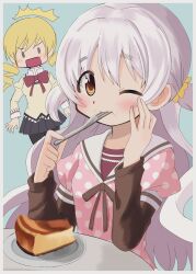 2girls ^^^ black_skirt blonde_hair blue_background blush border bow bowtie breasts brown_ribbon brown_shirt cake dress drill_hair eating food food_on_face hand_on_own_cheek hand_on_own_face highres holding holding_food layered_sleeves long_hair long_sleeves looking_at_viewer mahou_shoujo_madoka_magica mitakihara_school_uniform momoe_nagisa multiple_girls neck_ribbon one_eye_closed orange_eyes pink_dress plate polka_dot polka_dot_dress red_bow red_bowtie ribbon ringed_eyes riuriumagi sailor_collar school_uniform shirt short_over_long_sleeves short_sleeves sitting skirt smile spork table thighhighs tomoe_mami twin_drills twintails two_side_up upper_body white_border white_hair white_sailor_collar yellow_shirt