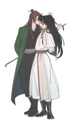 2boys ahoge arms_behind_back black_boots black_hair black_hanfu black_pants boots brown_hair cheongmyeong_(return_of_the_mount_hua_sect) chinese_clothes closed_eyes full_body gahya00 green_ribbon green_robe grey_sash hair_bun hair_ribbon hanfu high_ponytail holding holding_ribbon holding_smoking_pipe imminent_kiss kiseru korean_commentary long_hair long_sleeves male_focus multiple_boys pants ponytail return_of_the_mount_hua_sect ribbon robe simple_background smoking_pipe standing tang_bo_(return_of_the_mount_hua_sect) white_background white_hanfu wide_sleeves yaoi zhijupao