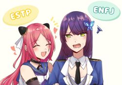 2girls :d ^_^ annoyed arm_belt arm_hug arms_at_sides assault_lily bare_shoulders belt belt_buckle black_belt black_choker black_necktie blue_jacket blue_sailor_collar blush braid breasts buckle butterfly_hair_ornament choker closed_eyes commentary detached_collar detached_sleeves epaulettes funada_kiito hair_ornament hairpods heart jacket long_hair long_sleeves looking_at_another lower_teeth_only medium_breasts mole mole_under_eye multiple_girls myers-briggs_type_indicator neckerchief necktie nigari_(ngari_0115) o-ring o-ring_choker odaiba_girls_high_school_uniform open_mouth parted_bangs purple_hair purple_neckerchief red_hair sailor_collar school_uniform serafuku shiba_tomoshibi shirt side-by-side side_braid sideways_glance simple_background single_braid sleeveless sleeveless_shirt smile squiggle sweatdrop teeth upper_body v-shaped_eyebrows white_background white_shirt yuri