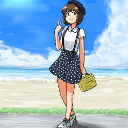 annko bag beach beret brown_eyes brown_hair cloud cloudy_sky collared_shirt hagiwara_yukiho handbag hat idolmaster idolmaster_(classic) looking_at_viewer polka_dot polka_dot_skirt sand shirt shoes skirt sky sneakers white_shirt