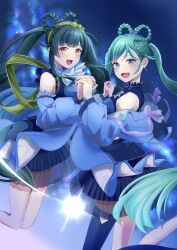 Rule 34 | 2girls, absurdres, aqua hair, asymmetrical legwear, blue eyes, blue jacket, blue skirt, blue thighhighs, blush, braid, braided hair rings, crop top, cvyx8287, detached sleeves, green hair, green hairband, hair rings, hairband, hatsune miku, highres, holding hands, jacket, long hair, long sleeves, looking at viewer, magical mirai (vocaloid), magical mirai miku, magical mirai miku (2025), multiple girls, night, night sky, official alternate costume, official alternate hairstyle, open mouth, see-through clothes, see-through skirt, skirt, sky, smile, thighhighs, touhoku zunko, twintails, very long hair, vocaloid, voiceroid, yellow eyes