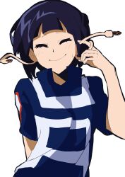 1girl absurdres audio_jack black_eyes blue_track_suit blunt_bangs boku_no_hero_academia closed_eyes earplugs finger_to_face gym_uniform hand_up highres jiro_kyoka long_earlobes ppaparibo purple_hair shirt short_hair smile solo track_suit u.a._gym_uniform white_background