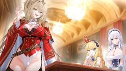 3girls azur_lane belfast_(azur_lane) black_thighhighs blonde_hair boots bra braid breasts cannon cape chandelier cleavage clothing_cutout crown cup dress game_cg garter_straps gold_trim hair_between_eyes hair_ornament highres indoors large_breasts lion_(azur_lane) long_hair long_sleeves looking_at_viewer machinery maid maid_headdress medal multiple_girls non-web_source official_art open_mouth queen_elizabeth_(azur_lane) red_cape red_dress red_sleeves standing teacup thighhighs thinking underwear