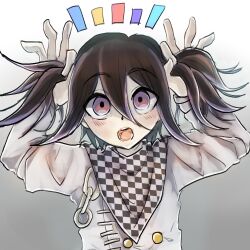 1boy black_hair blush buttons checkered_clothes checkered_scarf commentary_request danganronpa_(series) danganronpa_v3:_killing_harmony flipped_hair gradient_background grey_background hair_between_eyes hands_up holding holding_own_hair long_sleeves looking_at_viewer male_focus medium_hair oma_kokichi onem-m open_mouth partial_commentary purple_eyes purple_hair scarf simple_background solo teeth trap twintails two-tone_scarf upper_body white_background wide-eyed