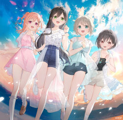 Rule 34 | 4girls, aqua eyes, bang dream!, black hair, black shorts, blue shorts, blush, brown eyes, brown hair, brown shoes, commentary request, denim, denim shorts, dress, falling petals, frilled shirt, frilled socks, frills, fuumi (radial engine), green eyes, grey hair, hanazono tae, high-waist shorts, highres, hiromachi nanami, kurata mashiro, legs, long hair, looking at viewer, multiple girls, open mouth, outdoors, petals, pink dress, pink eyes, pink hair, running, see-through clothes, see-through skirt, shirt, shoes, short hair, short sleeves, shorts, showgirl skirt, skirt, smile, socks, takamatsu tomori, white shirt, white shoes, white skirt, white socks