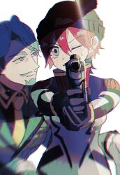 1boy 1girl aiming aiming_at_viewer amate_yuzuriha beanie black_hat bodysuit challia_bull closed_mouth commentary_request facial_hair glint goatee green_eyes green_jacket green_skirt gun gundam gundam_gquuuuuux handgun hat highres holding holding_gun holding_weapon jacket long_sleeves looking_at_another looking_at_viewer mecha_pilot_suit multicolored_bodysuit mustache necktie normal_suit_(gundam) one_eye_closed outstretched_arms pom_pom_(clothes) pom_pom_beanie red_hair rendaaa_fe shade short_hair simple_background skirt small_sweatdrop smile upper_body weapon white_background yellow_necktie zeon