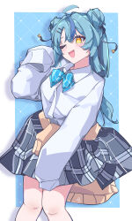 Rule 34 | 1girl, absurdres, ahoge, alternate costume, aqua hair, blue streaks, blunt sidelocks, bow, bowtie, brown cardigan, cardigan, cardigan around waist, clothes around waist, collared shirt, cowboy shot, double-parted bangs, double bun, fang, grey skirt, hair bun, hair ornament, hairclip, hand up, highres, knees together feet apart, multicolored hair, nijisanji, noraki151, one eye closed, parallel hairclips, plaid bow, plaid clothes, plaid skirt, pleated skirt, school uniform, shirt, sidelocks, simple background, skin fang, skirt, sleeves past fingers, sleeves past wrists, smile, streaked hair, tamanoi nana, two side up, very long sleeves, white shirt, yellow eyes