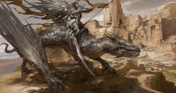 1other ambiguous_gender animal_focus armor breastplate brown_cape building cape claws cloud commentary covered_face day desert dragon riding_dragon english_commentary fake_wings fantasy faulds full_armor gauntlets grey_sky helm helmet highres holding holding_sword holding_weapon ludongjun monster original outdoors pauldrons realistic saddle scales scenery shoulder_armor sitting sky sword tail torn_flag torn_wings watermark weapon web_address western_dragon wide_shot wings wyvern
