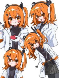 1girl a.i._voice adachi_rei black_shirt blush closed_mouth drawstring gloves grey_shorts hair_ribbon hashtag-only_commentary heart highres holding holding_heart jacket leaning_to_the_side long_sleeves medium_hair multiple_views one_side_up open_clothes open_jacket open_mouth orange_eyes orange_hair parted_lips ribbon shirt shorts smile upper_body utau vvv_fnk white_gloves white_jacket
