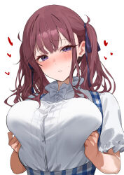 1girl blue_skirt blush bow bowtie breasts brown_hair cevio commentary_request frilled_shirt frills grabbing_own_breast hair_ribbon heart highres large_breasts long_hair looking_at_viewer mole mole_under_eye natsuki_karin parted_lips plaid_clothes plaid_skirt purple_eyes purple_ribbon ribbon shirt short_sleeves simple_background skirt solo suspender_skirt suspenders sweatdrop synthesizer_v twintails upper_body white_background white_bow white_bowtie white_shirt yappen