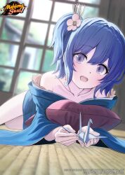 1girl absurdres blue_hair blue_kimono blurry building chest_on_pillow collarbone copyright_name day depth_of_field fingernails flower grey_eyes hair_flower hair_ornament highres holding indoors japanese_clothes kimono long_hair looking_at_viewer lying mahjong_soul mikisai nanami_reina off_shoulder on_floor on_stomach open_mouth origami paper_crane side_ponytail solo tatami thighs tree window