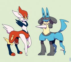 alternate_form cinderace creatures_(company) expressionless full_body game_freak gen_4_pokemon gen_8_pokemon highres lucario meme meme_attire nintendo no_humans original_form_pokemon_(meme) parody pedro_larez pokemon pokemon_(creature) simple_background solo standing what