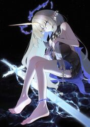 Rule 34 | 1girl, absurdres, barefoot, blonde hair, blue eyes, blush, feet, fleurdelys (wuthering waves), highres, horns, iblod, long hair, looking at viewer, pointy ears, single horn, soles, toes, wuthering waves