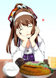 1girl apron ashigara_(kancolle) ashigara_kai_ni_(ichibankuji)_(kancolle) ashigara_kai_ni_(kancolle) beer_mug bowl brown_hair closed_eyes collarbone commentary_request cup fake_horns female_focus hairband hand_on_own_cheek hand_on_own_face head_rest heart highres horned_headwear horns kantai_collection kawamura_tsukasa long_hair long_sleeves mug plate ponytail purple_apron rice rice_bowl shirt smile solo upper_body white_hairband white_shirt