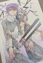 1boy 1girl alternate_eye_color androgynous arm_tattoo aynm010330 black_hood black_nails blue_eyes braid chinese_commentary closed_mouth crona_(soul_eater) cuff_links fingernails hair_between_eyes highres holding holding_sword holding_weapon hood lips medusa_gorgon mother_and_child mother_and_son other_focus photoshop_(medium) purple_hair ragnarok_(demon_sword) red_lips sleeve_cuffs smile snake_tattoo soul_eater sword tattoo teeth traditional_media weapon white_sleeve_cuffs yellow_eyes