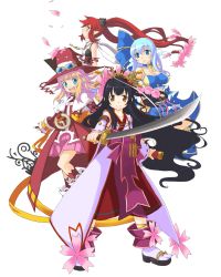 4girls absurdres aqua_seep_seal black_hair blonde_hair blue_eyes blue_hair breasts brown_eyes cherry_blossoms fingerless_gloves gloves goggles hat highres kanatarou katana key looking_at_viewer looking_away medium_breasts midriff multiple_girls official_art open_mouth pril_patowle red_hair sakurako_kujo sheath skirt smile socks sword transparent_background trouble_witches trouble_witches_neo twintails weapon white_background witch witch_hat yuki_longate