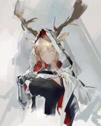 1girl animal_ears antlers antlers_through_hood arknights black_shirt blonde_hair blue_eyes breasts cape deer_antlers deer_ears deer_girl ears_through_hood gauntlets grey_hair hand_up highres hood hood_up hooded_cape horns medium_breasts shirt simple_background solo upper_body viviana_(arknights) white_cape yyb